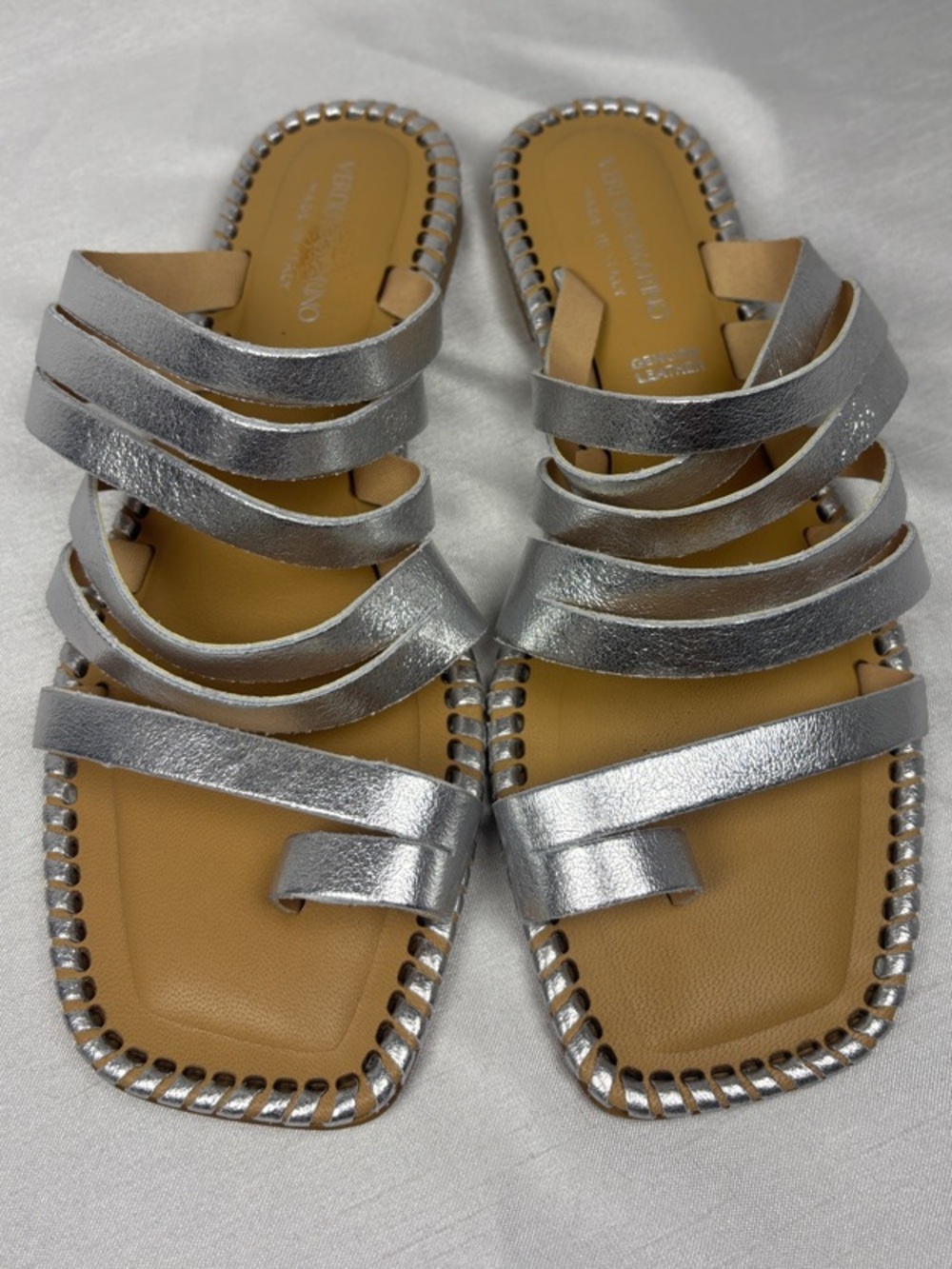 Italian Metallic Silver Multi-Strap Slide Sandals Size 9